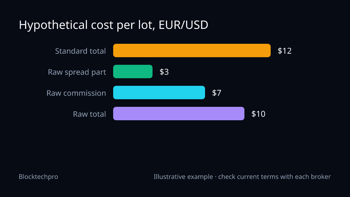 Bar chart: Standard spread cost $12.00 per lot; Raw Spread spread cost $3.00 plus $7.00 commission gives $10.00 per lot.