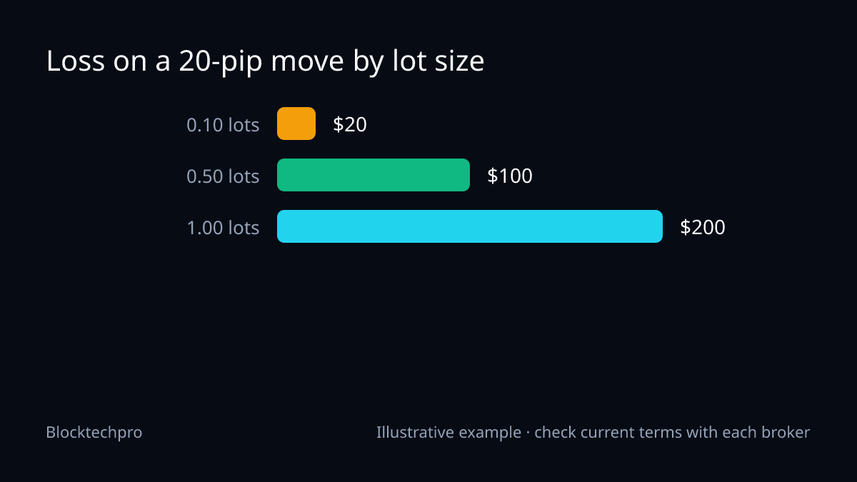 Bar chart: a 20-pip adverse move on EUR/USD costs $20 at 0.10 lots, $100 at 0.50 lots and $200 at 1.00 lots, whatever the leverage.