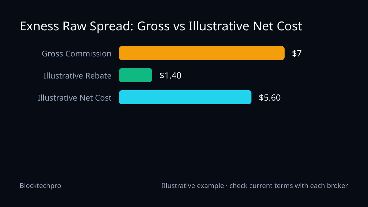 Bar chart comparing gross round-turn commission of $7.00 with illustrative net costs after potential rebate deductions.