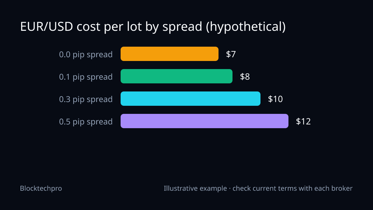 Bar chart of round-turn cost per 1 lot on EUR/USD: $7.00 at a 0.0 pip spread, $8.00 at 0.1, $10.00 at 0.3 and $12.00 at 0.5, with a $7.00 commission.