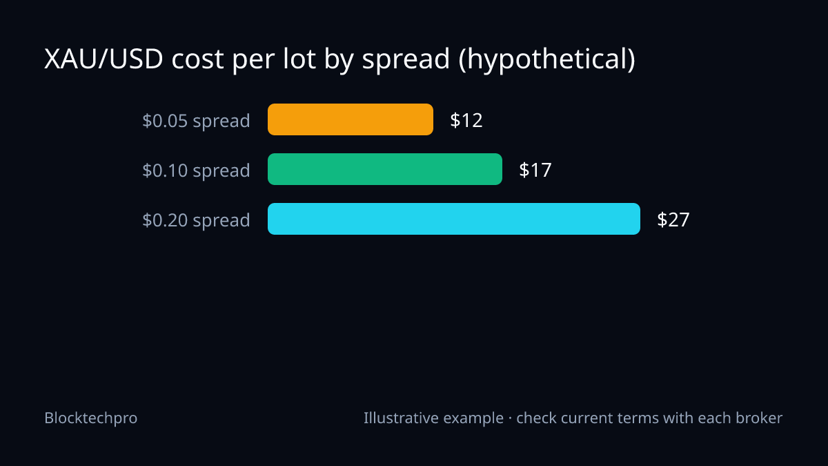 Bar chart of round-turn cost per 1 lot on XAU/USD: $12.00 at a $0.05 spread, $17.00 at $0.10 and $27.00 at $0.20, with a $7.00 commission.