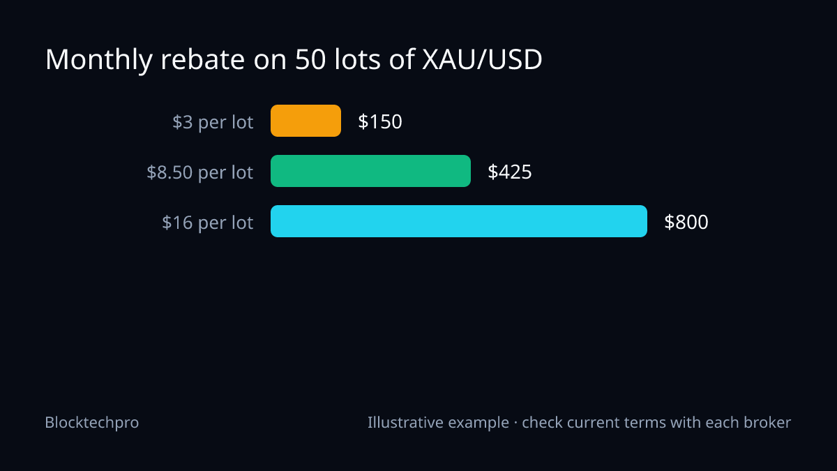 Bar chart of the monthly rebate on 50 standard lots of gold: $150 at $3 per lot, $425 at $8.50 per lot and $800 at $16 per lot.