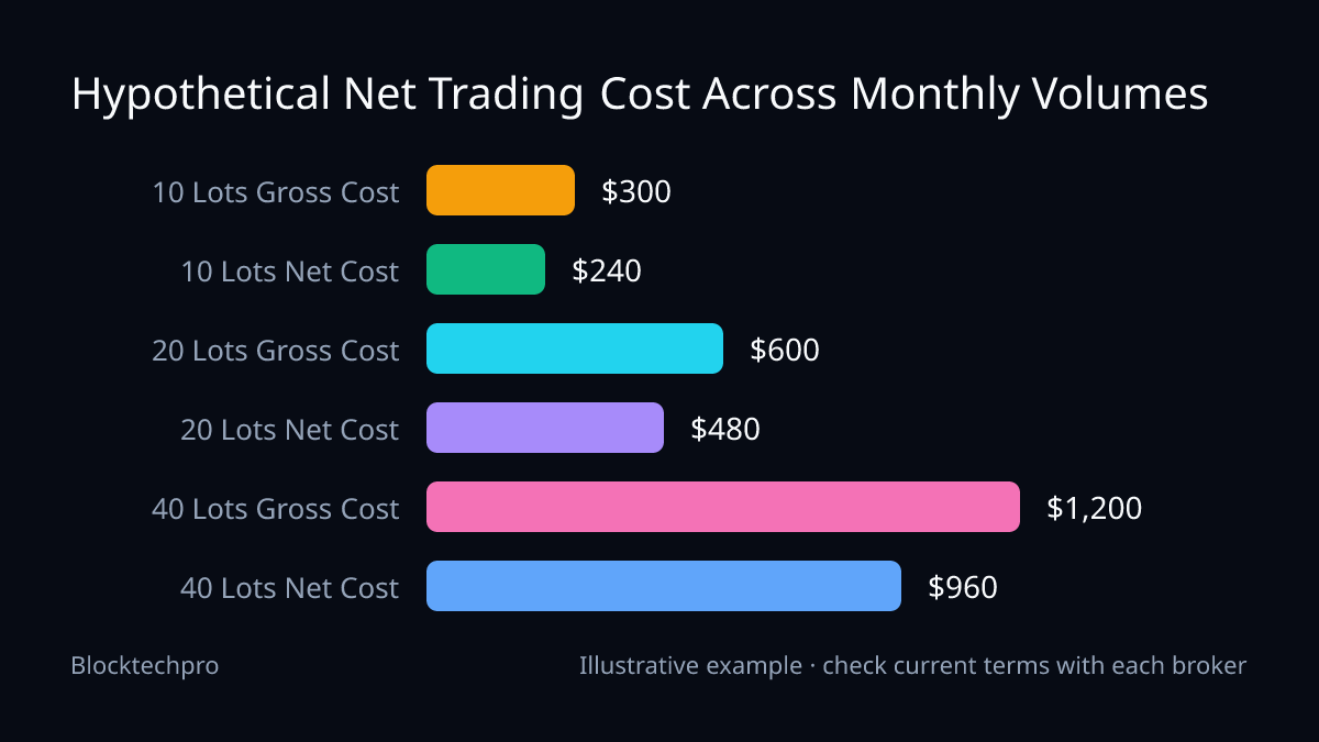 Bar chart comparing gross broker spread cost of $300, $600, and $1200 against net trading costs after receiving rebates.