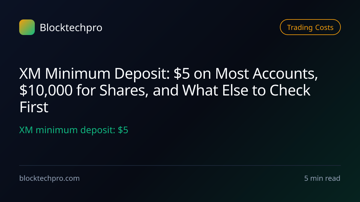Chart-style cover showing the XM minimum deposit of $5 and the cost per lot on XM account types.